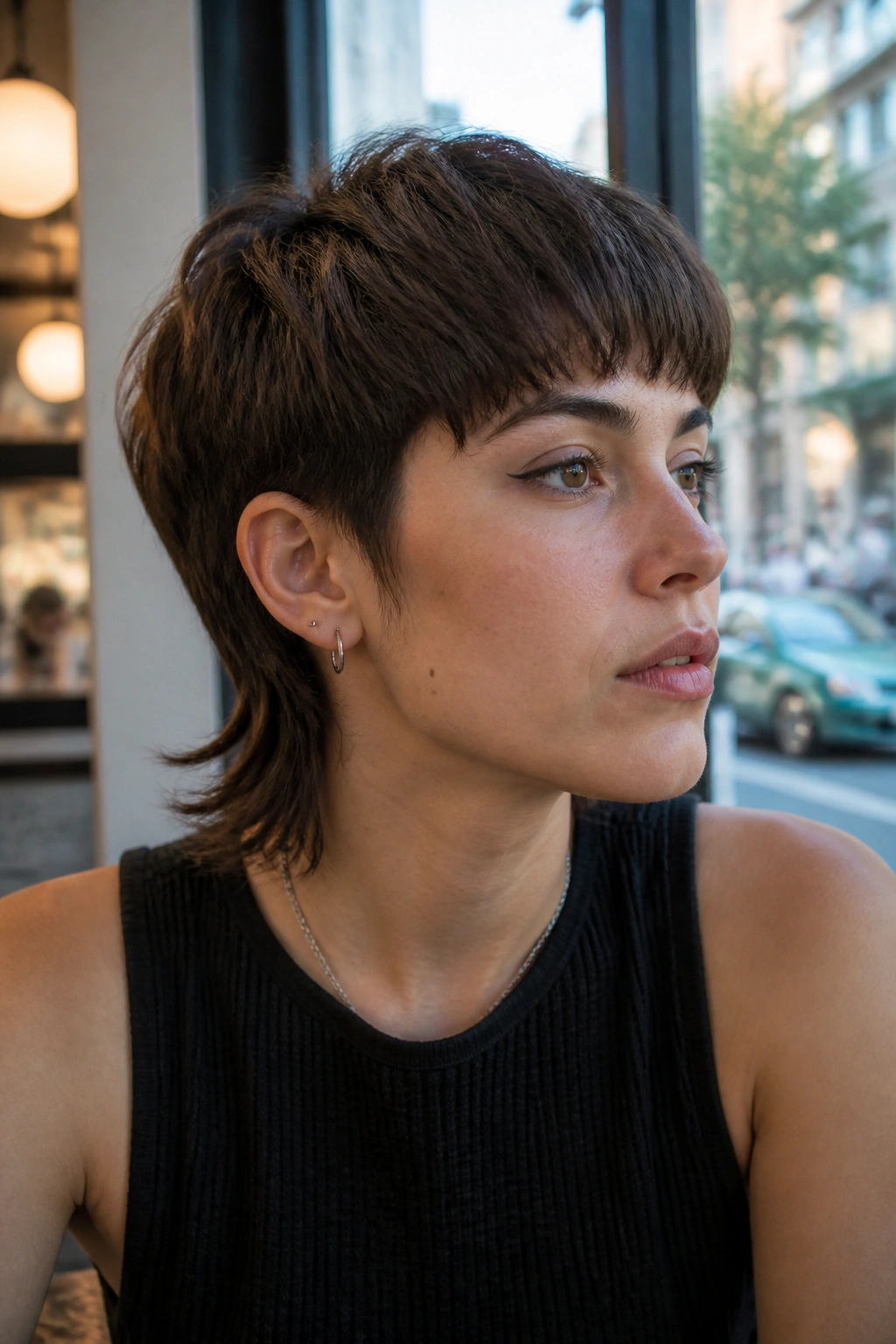 Close-up portrait of a real person showing Bowlish Pixie Mullet with a rounded crown and textured back tail.
