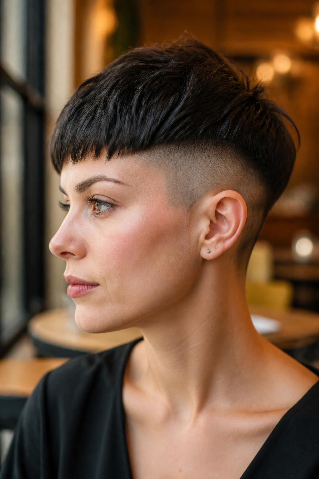 Close-up of a real person with a rounded top pixie and shaved sides