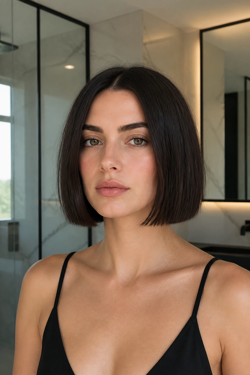 Real woman with blunt square box bob.