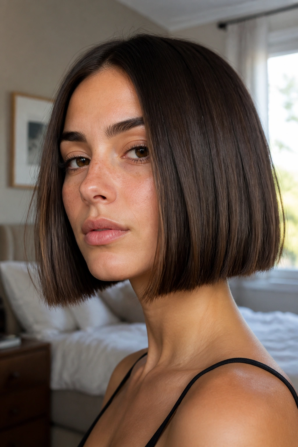 Close-up portrait of a real woman with a blunt square box bob and dense perimeter.