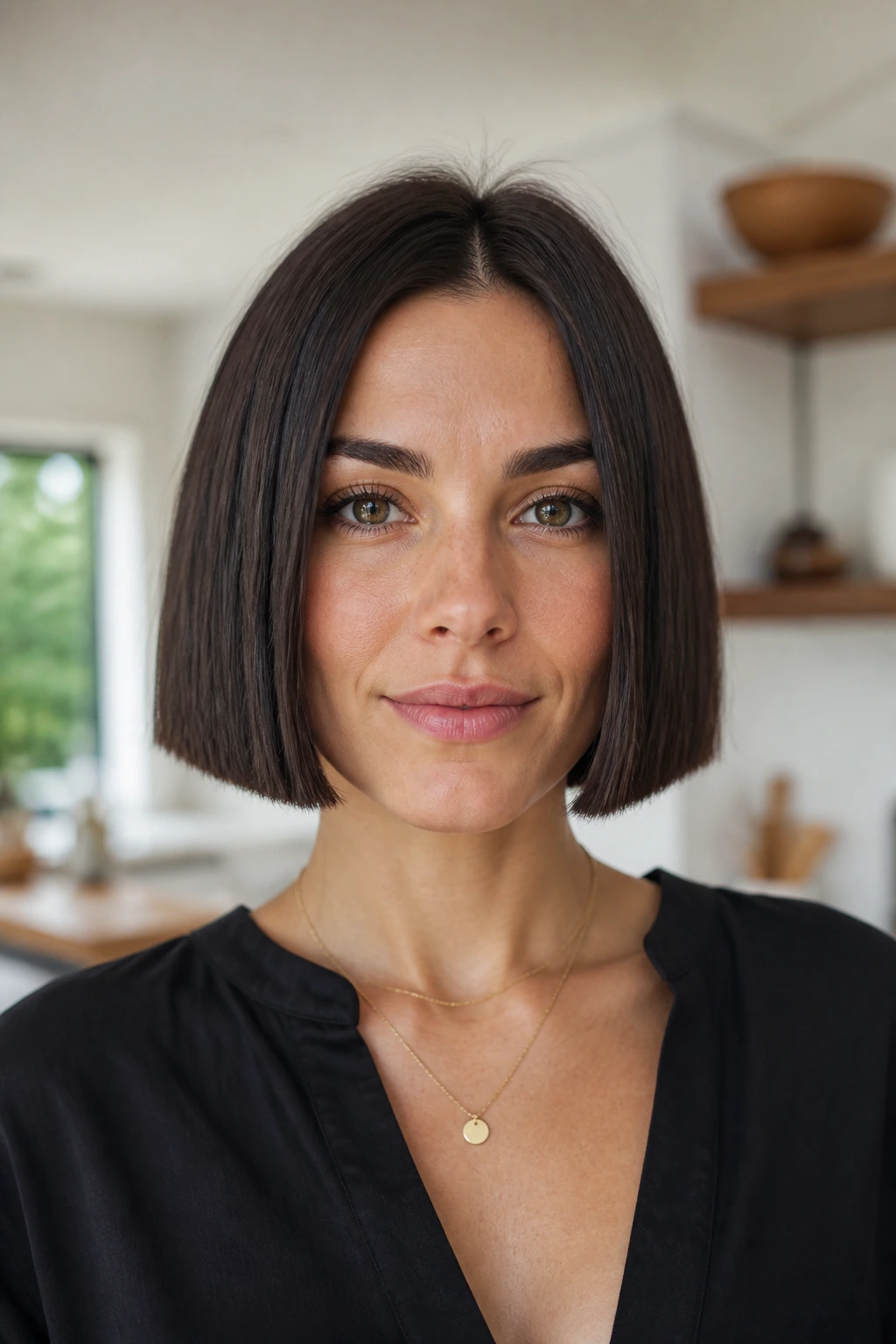 Real woman with blunt box bob in natural light