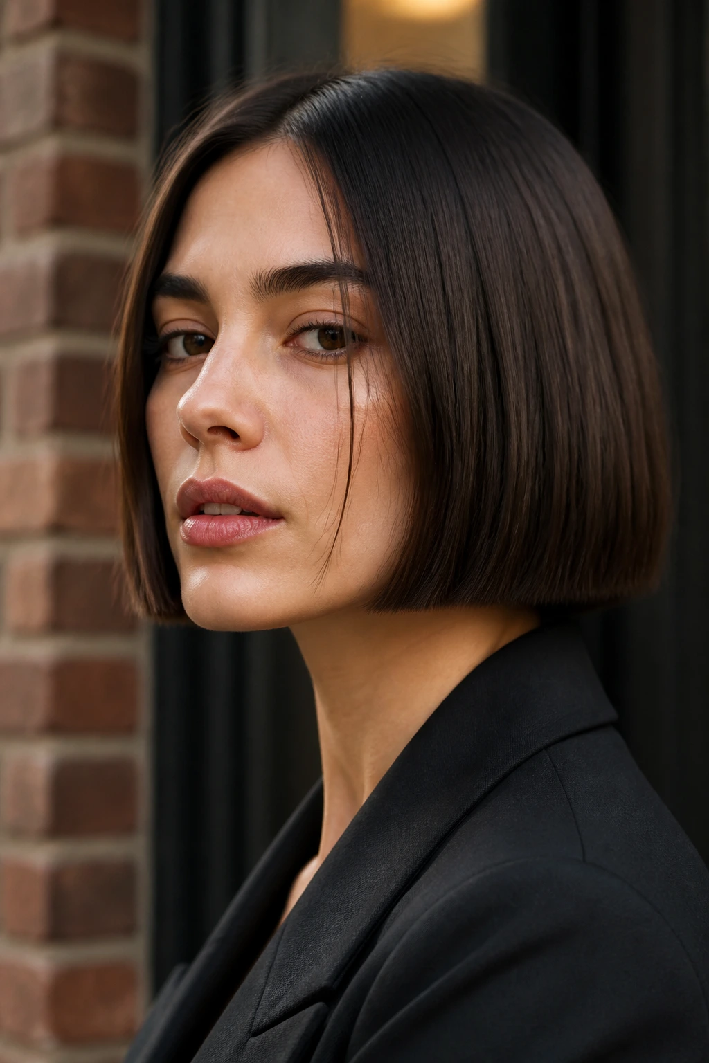 Close-up of a real woman with a blunt square-cut box bob in an urban doorway setting