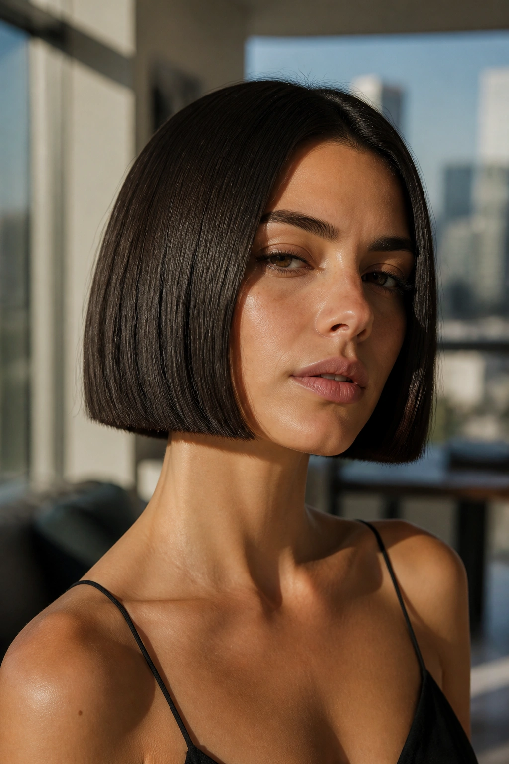 Portrait of woman with blunt square-edged box bob in an urban setting