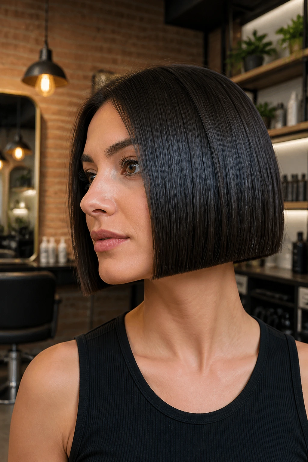 Real person with a blunt box bob showing sharp edges in a stylish salon
