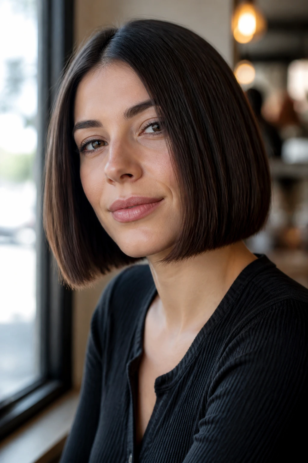 Close-up of real woman with blunt box bob haircut