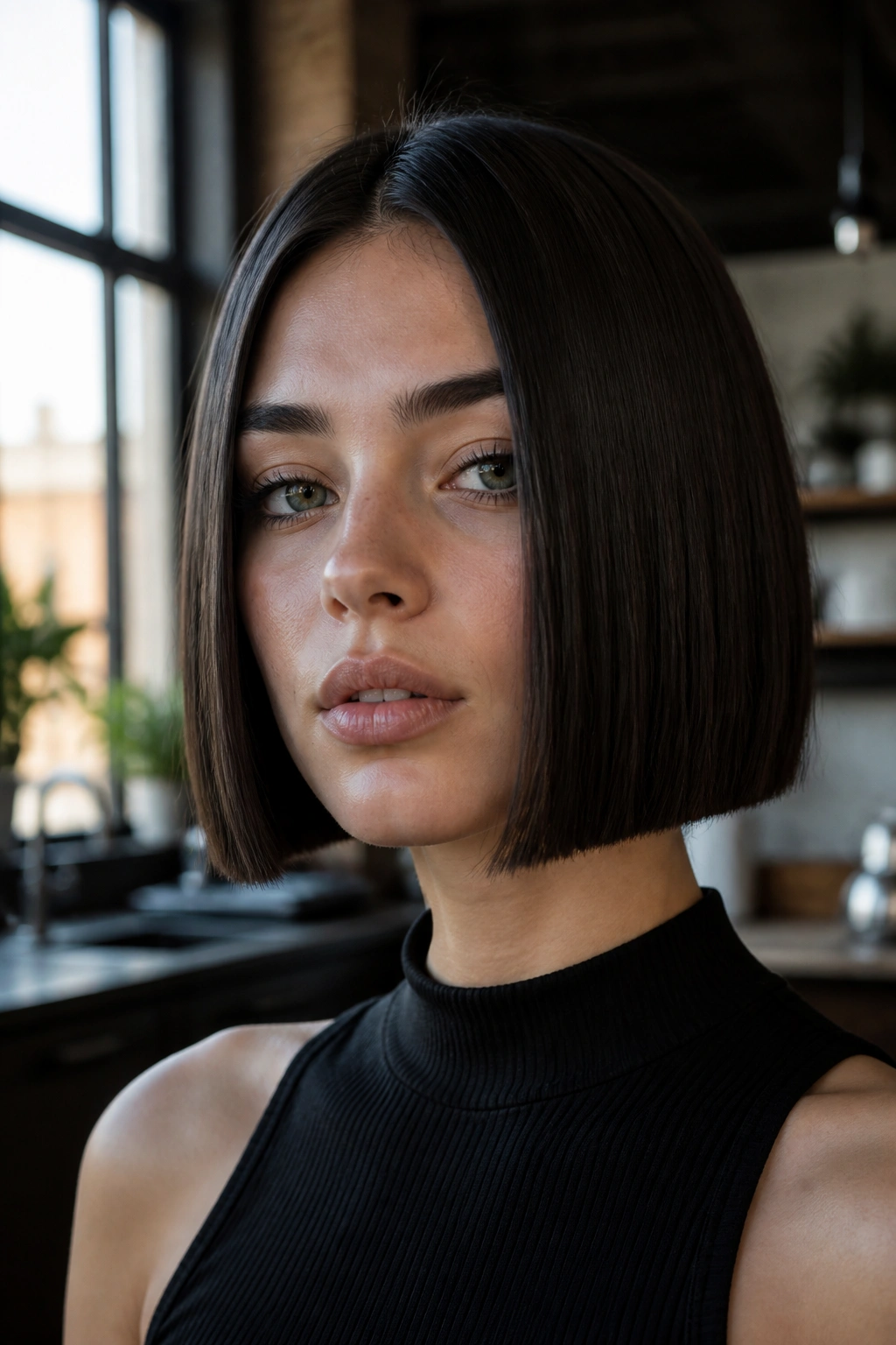 Close-up of real woman with box bob and clean square edges
