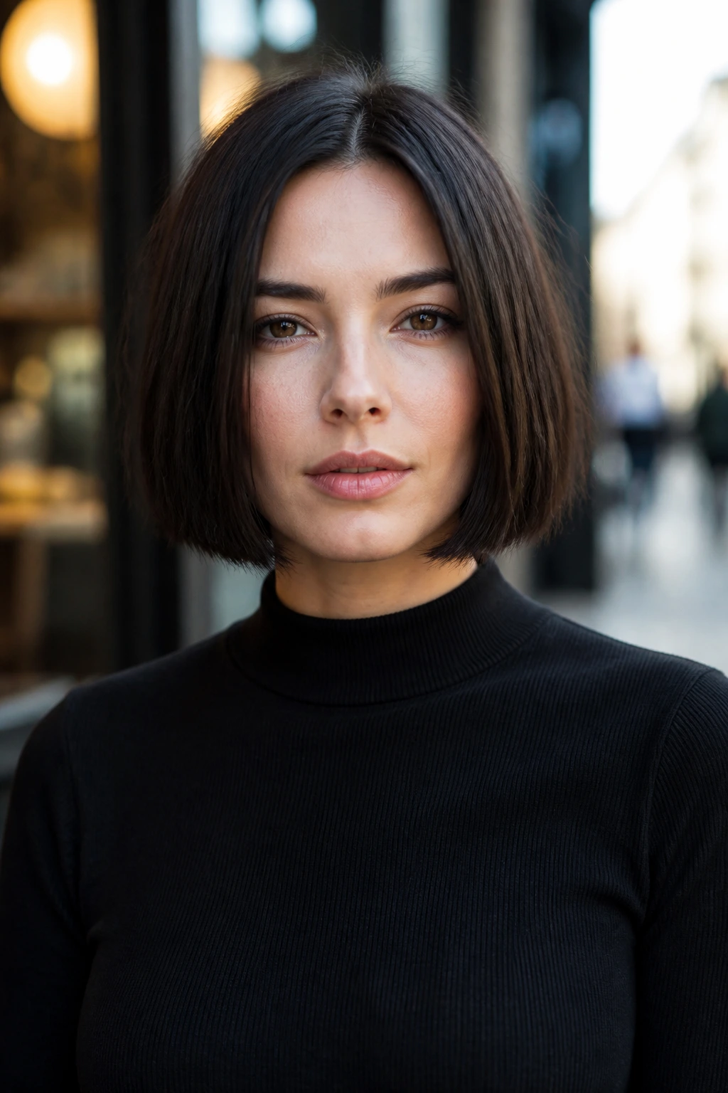 Portrait of a woman with a box bob and clean outline in daylight