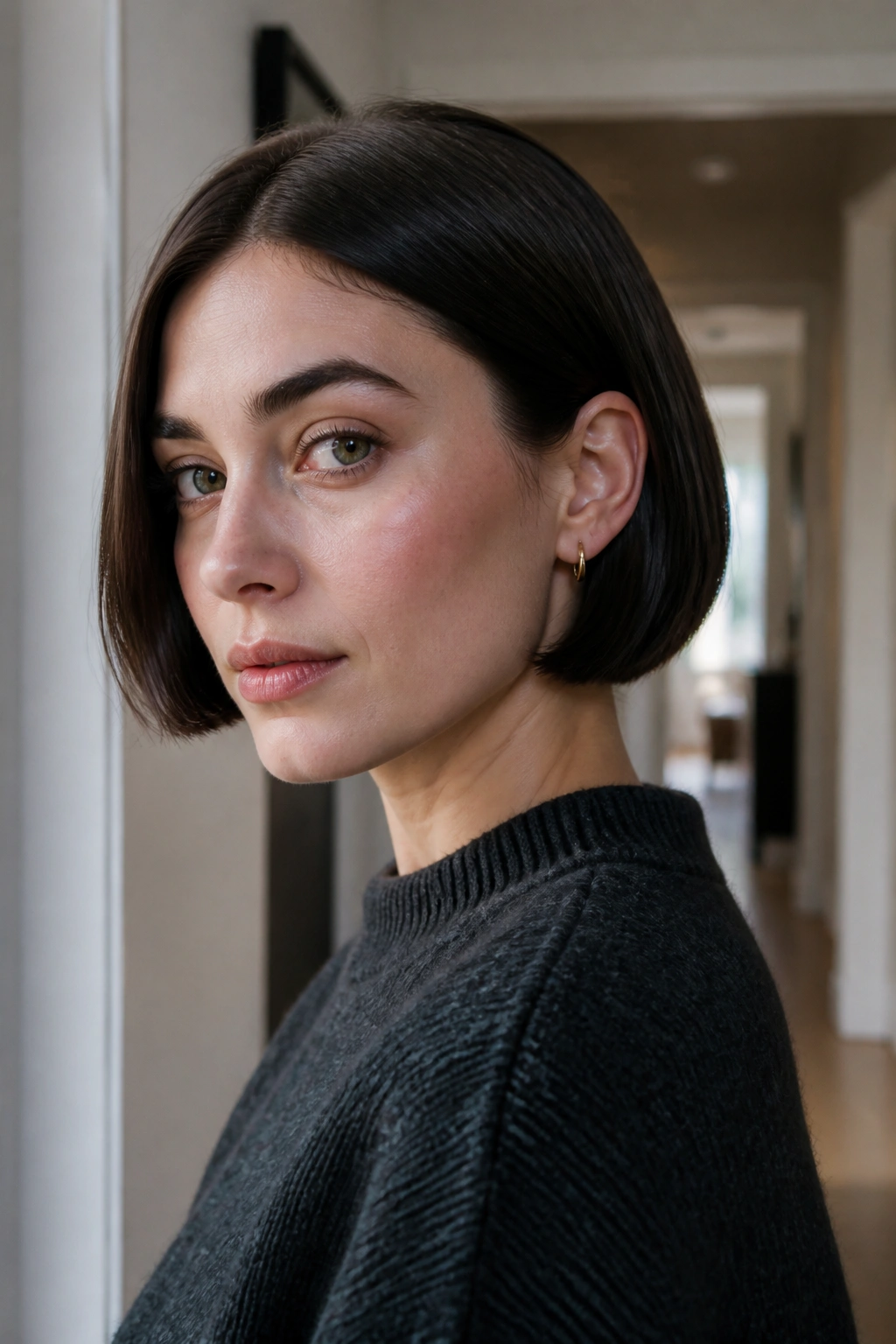 Close-up of a real person with an ear-length box bob and sharp edges