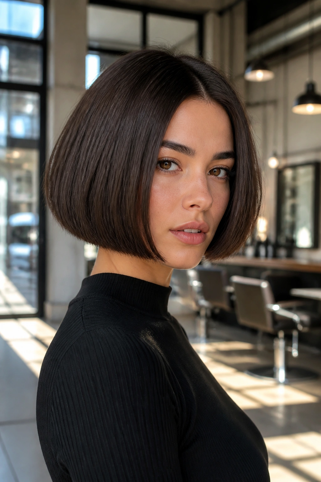 Close-up portrait of a real woman with a jaw-length box bob and sharp geometric edges.