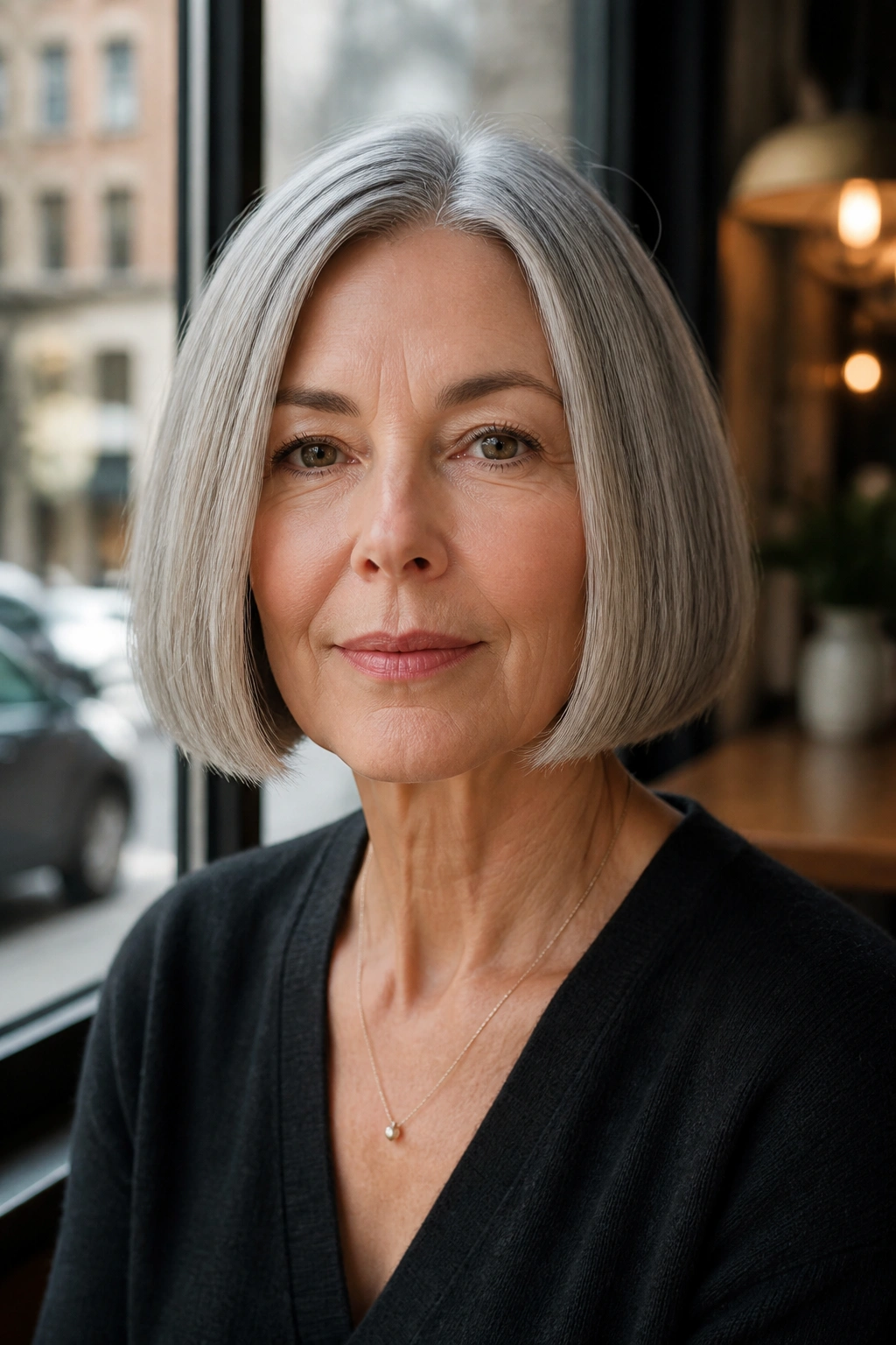 Real woman with a box bob haircut in daylight at a cafe window