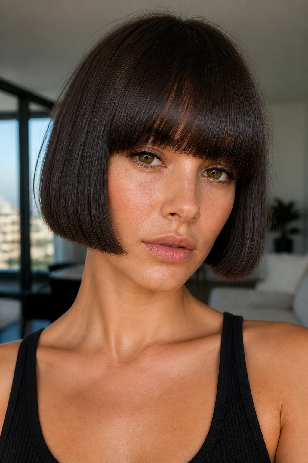 Portrait of a real woman with a blunt box bob and heavy fringe in natural daylight