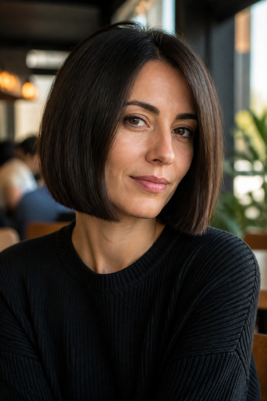 Close-up portrait of a real woman with a square box bob and crisp outline