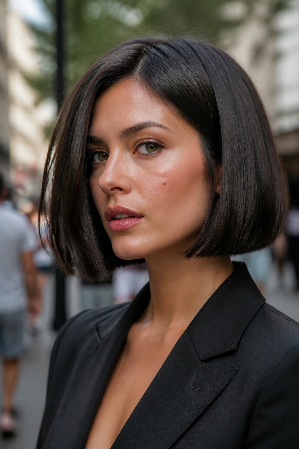 Close-up of a real woman with a boxy bob and sharp perimeter
