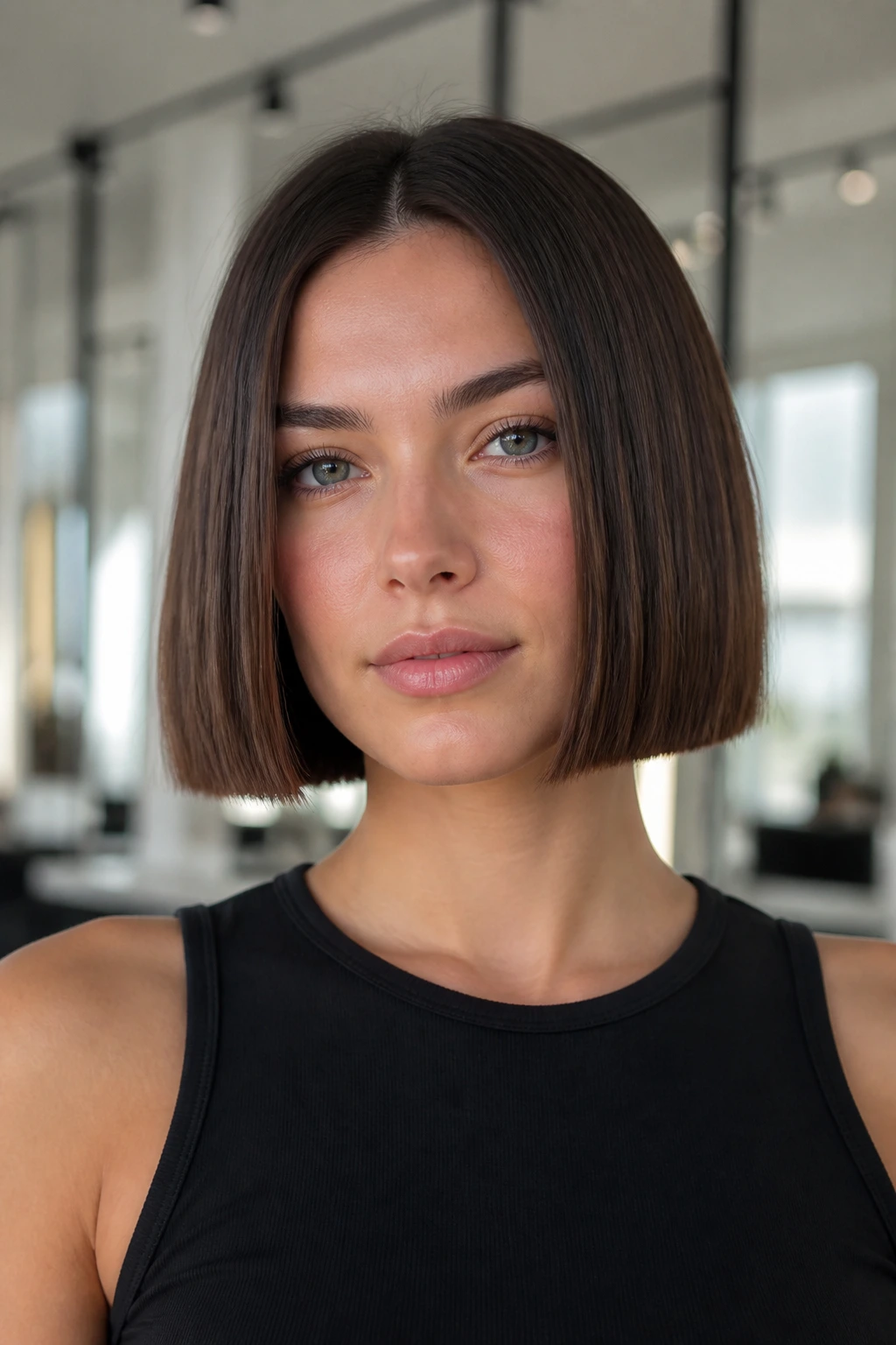 Close-up portrait of a real woman with a blunt box bob