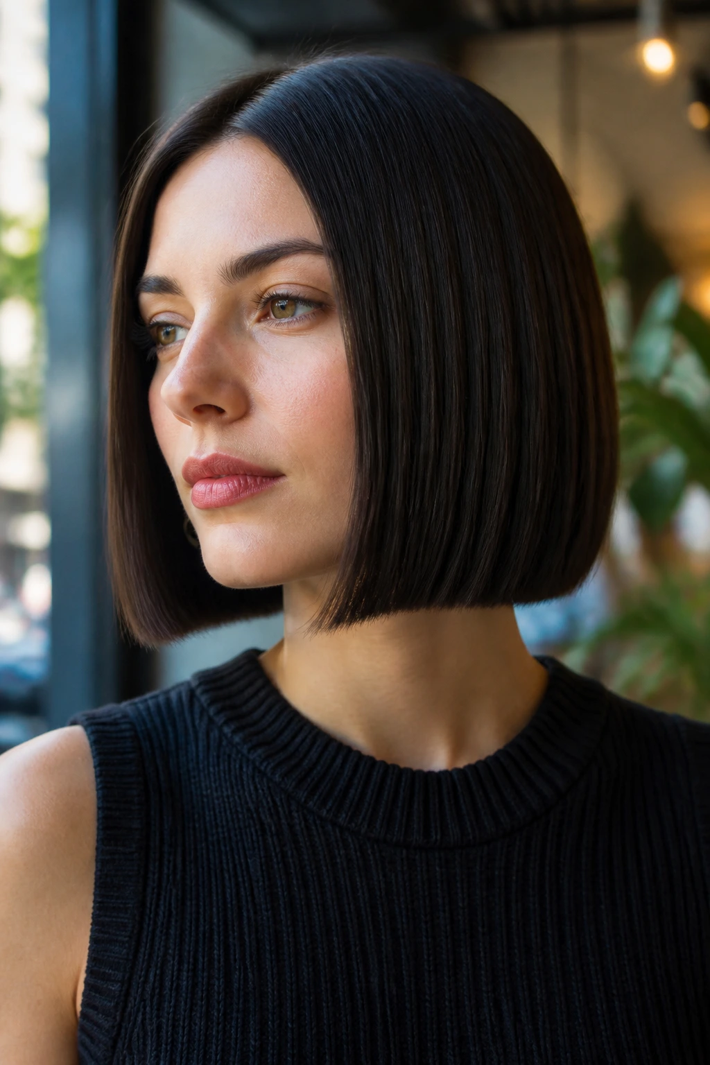 Close-up portrait of a real woman with a Box Bob haircut in natural daylight, showing sharp square silhouette