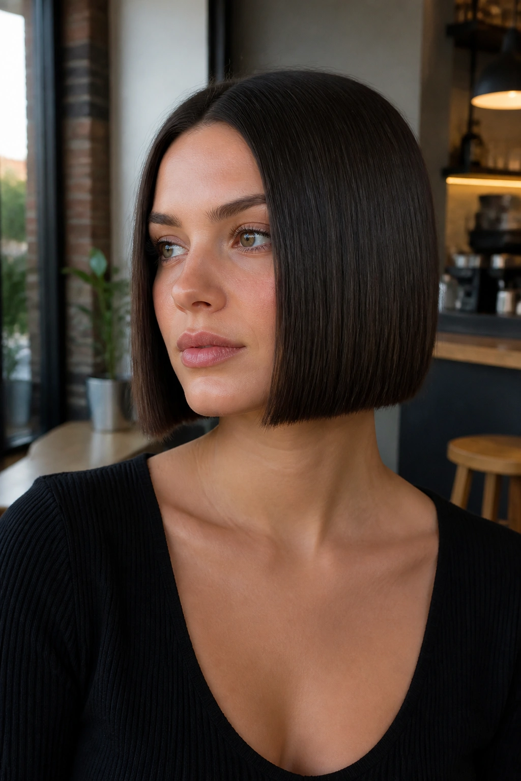 Portrait of a woman with a square box bob, blunt bottom and tight sides.