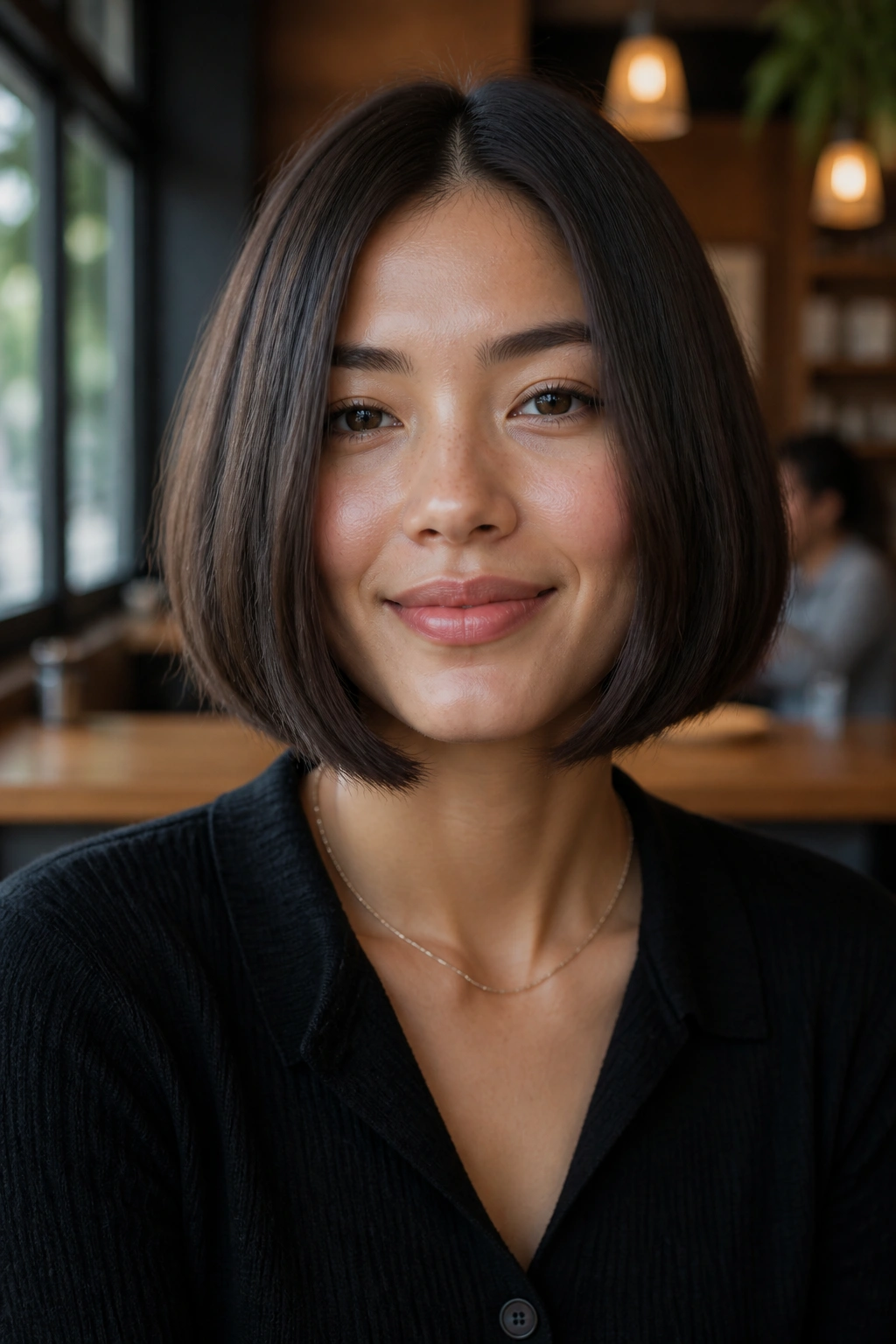 Close-up of a woman with a box bob and softened corners
