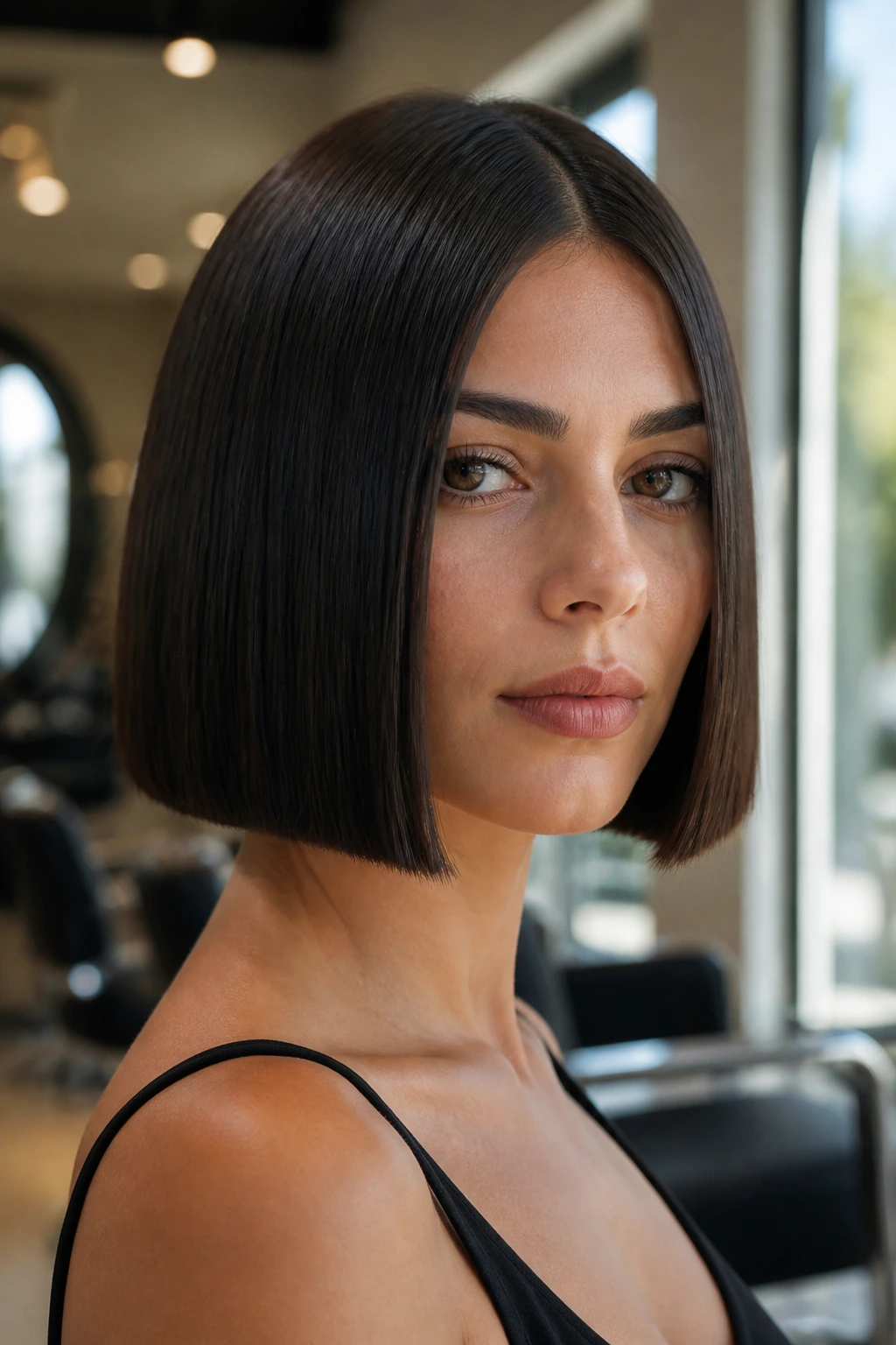 Close-up portrait of a real woman with a box bob square edge in a salon