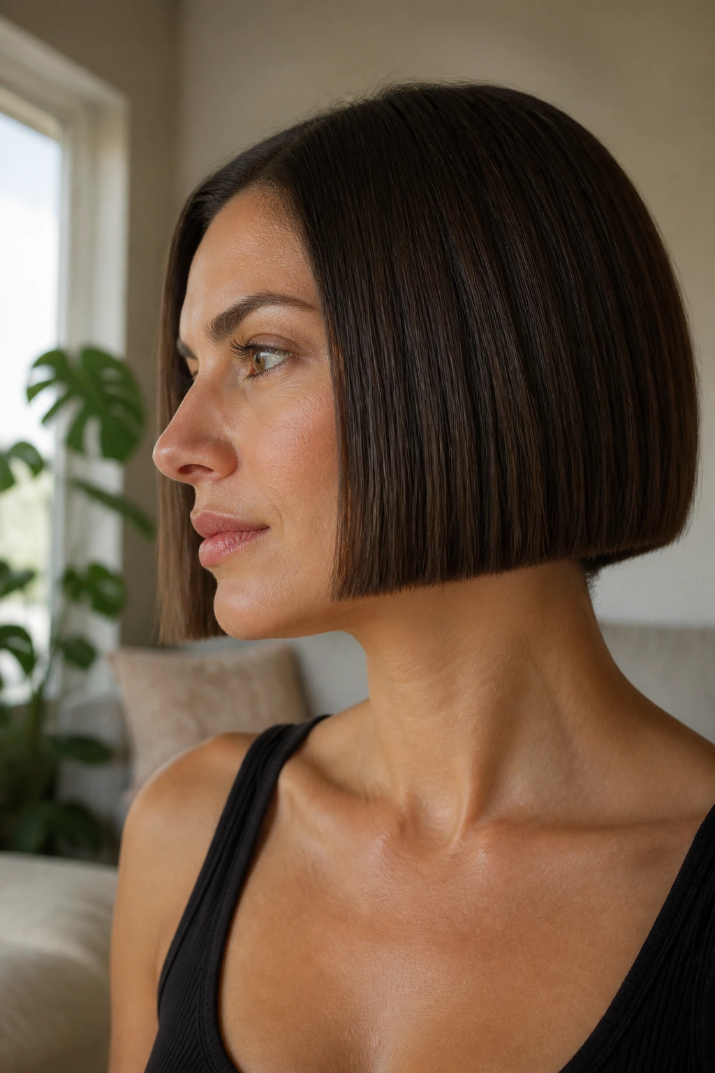 Close-up of a real woman with a square-edged box bob in natural daylight