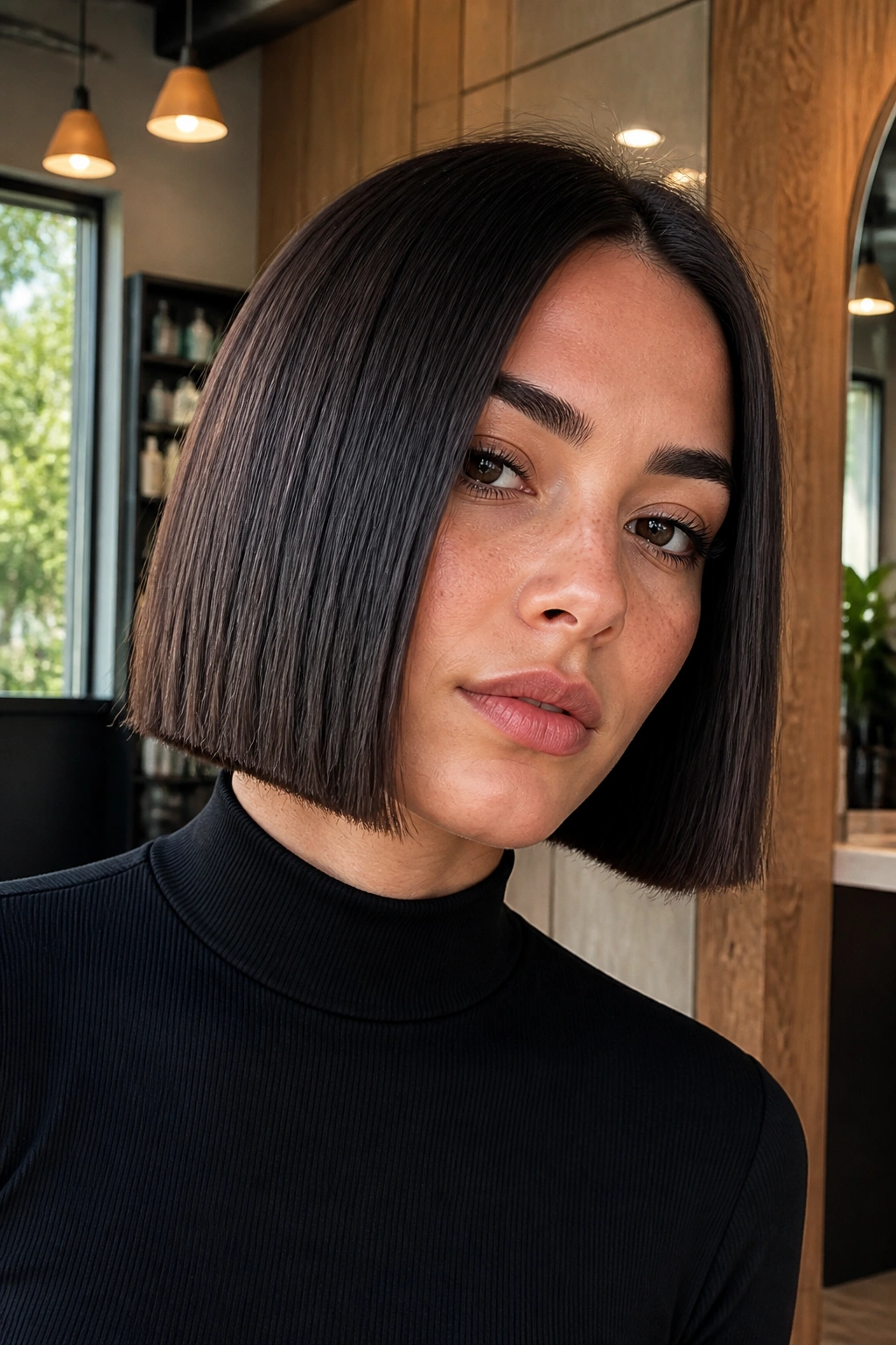 Close-up portrait of a real woman with a box bob featuring a sharp square edge and jawline framing