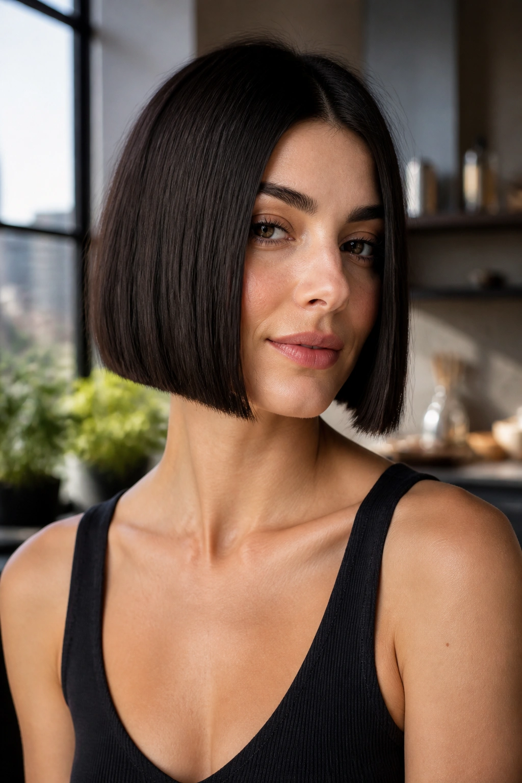 Close-up portrait of a real woman with a boxy square bob silhouette
