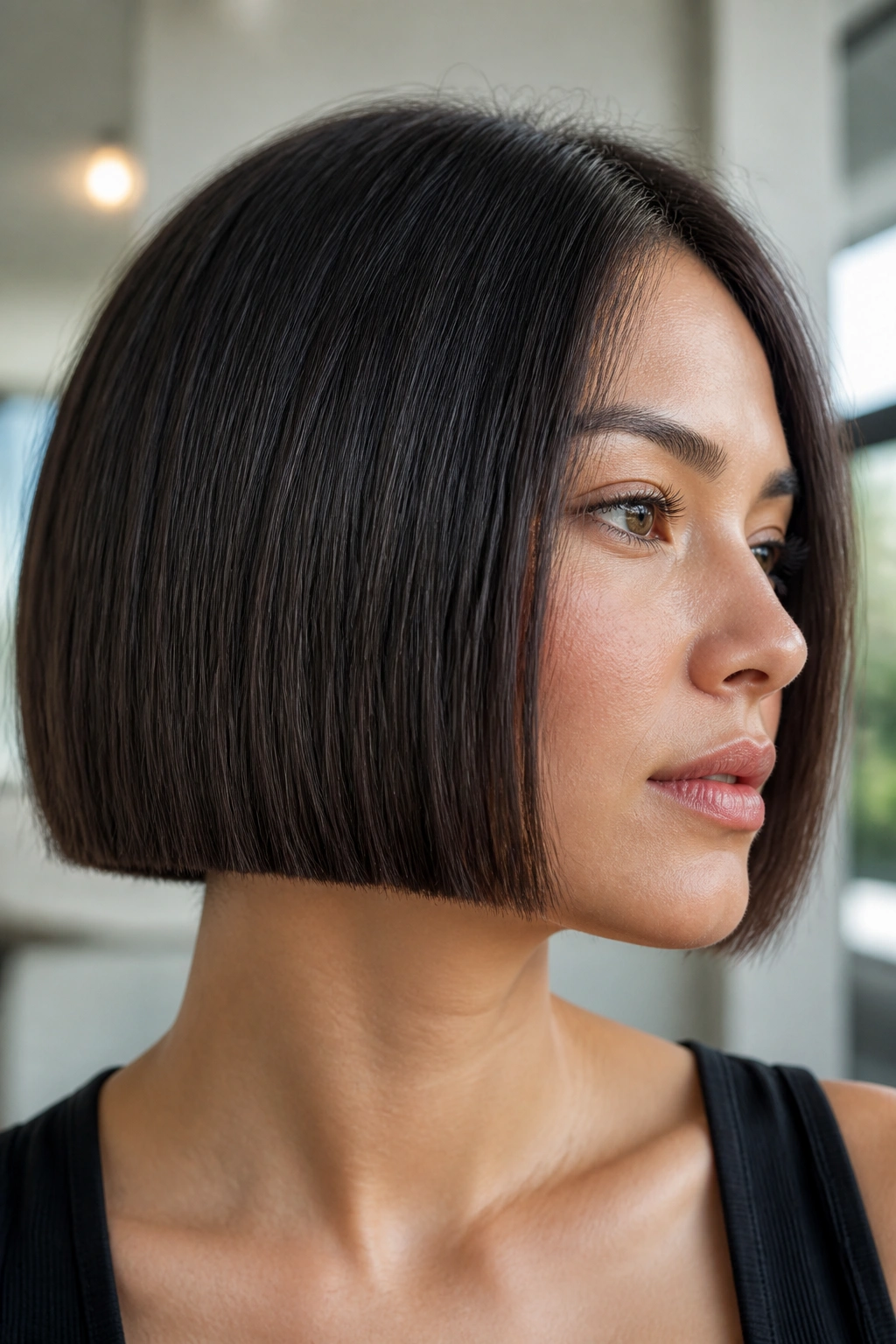 Close-up portrait of a real woman with a box bob featuring a straight, square edge