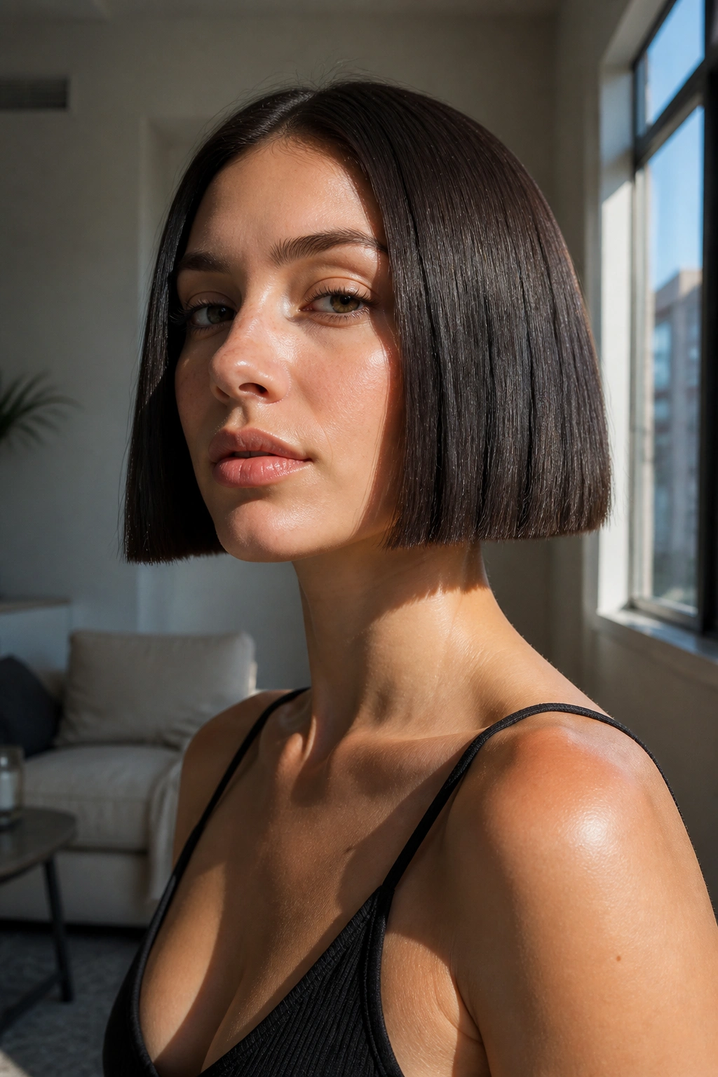 Close-up of a real woman with a box bob and strong outline in natural light