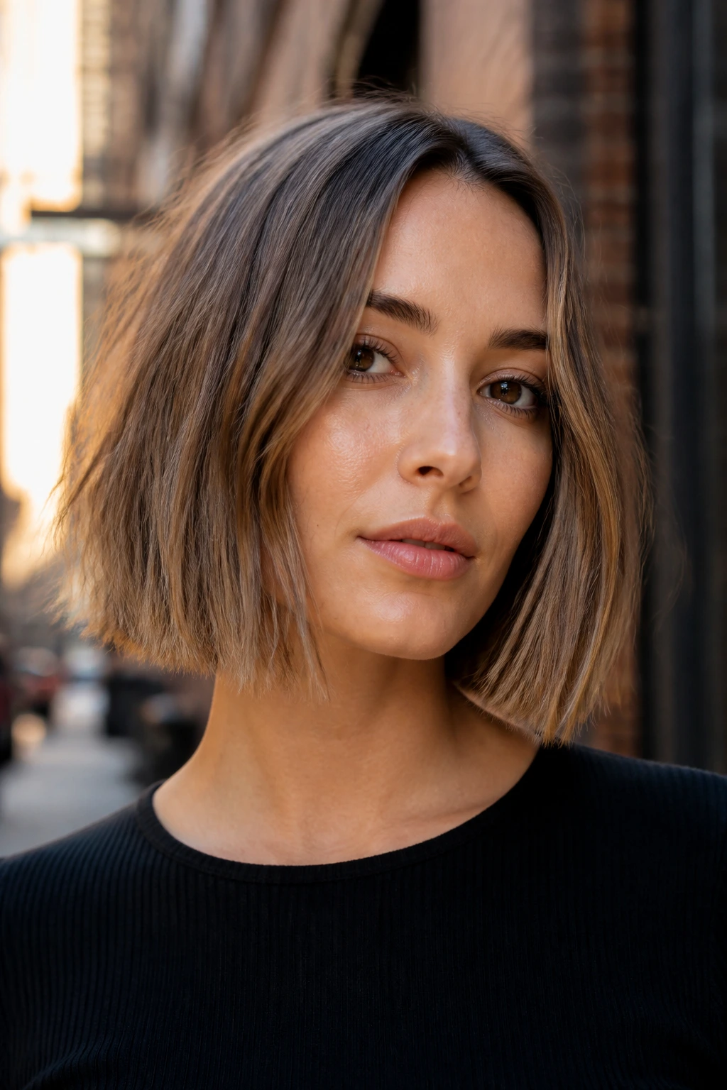 Close-up of a real woman with a blunt box bob and textured ends