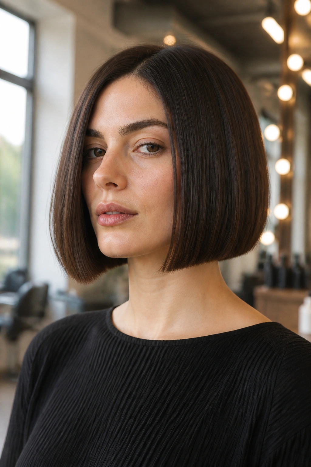 Close-up portrait of a real woman with a box bob for thick hair in a chic salon showing a blunt square perimeter
