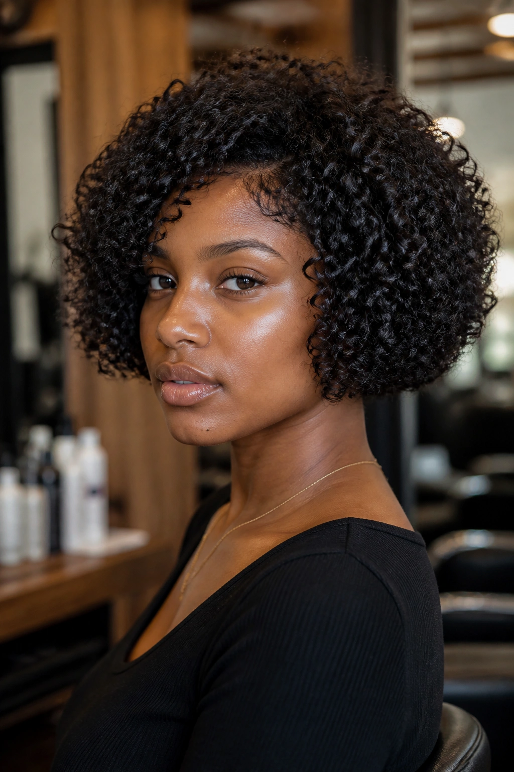 Real woman with box bob on tight coils, crisp square silhouette