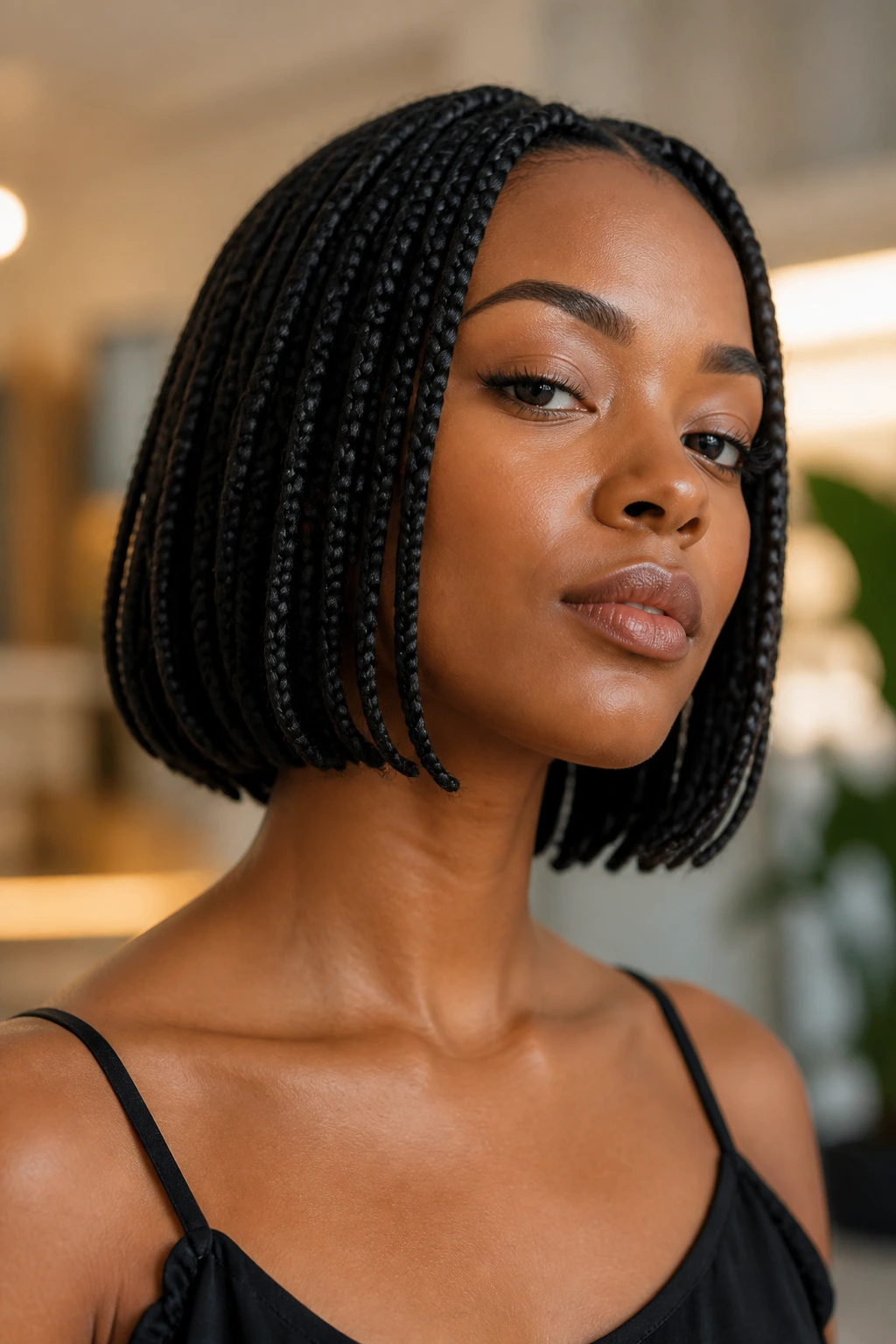 Portrait of a real woman with box braid bob in a thoughtful, confident pose