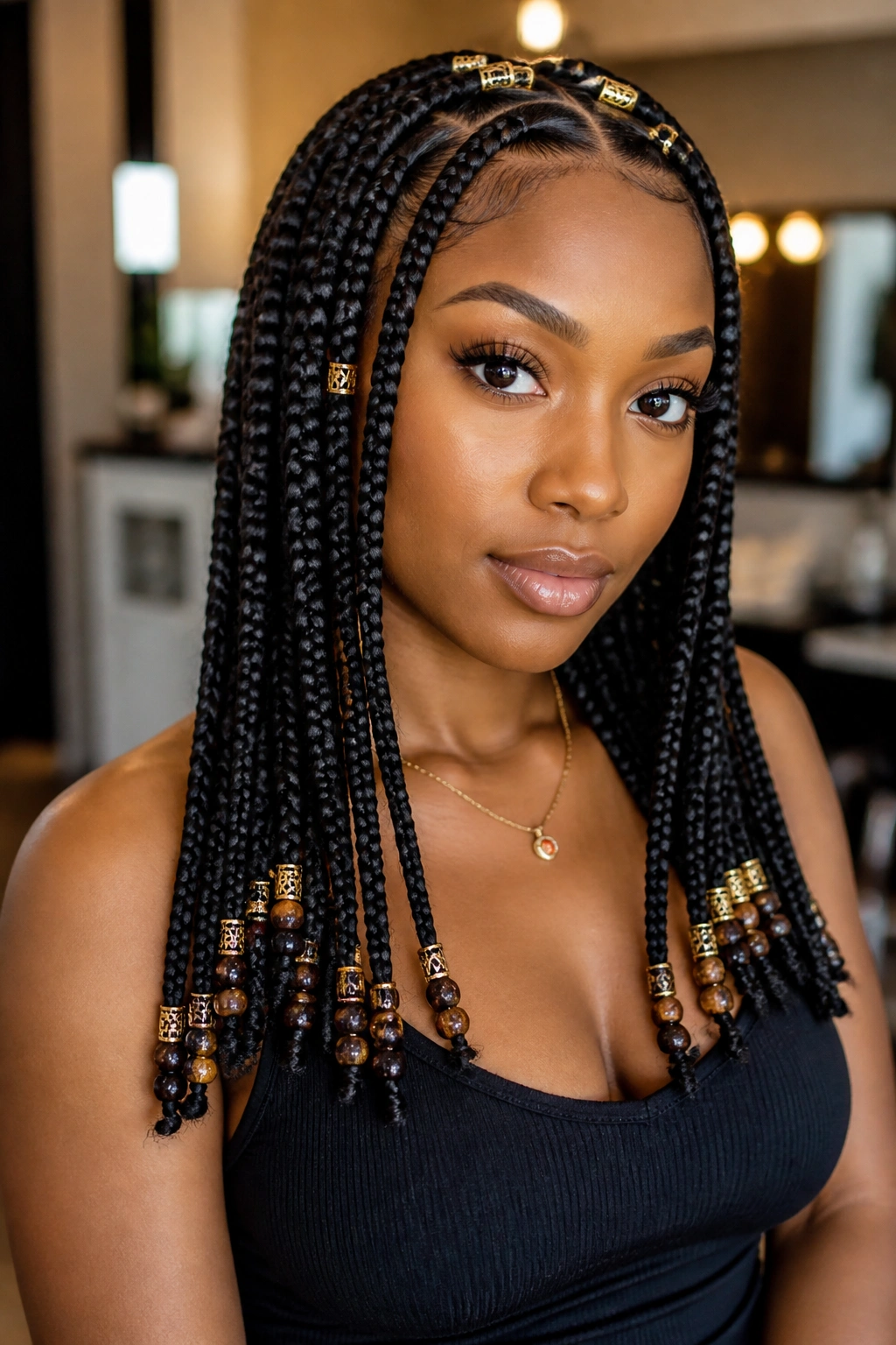 Close-up of real woman with beads and cuffs on box braids in salon lighting
