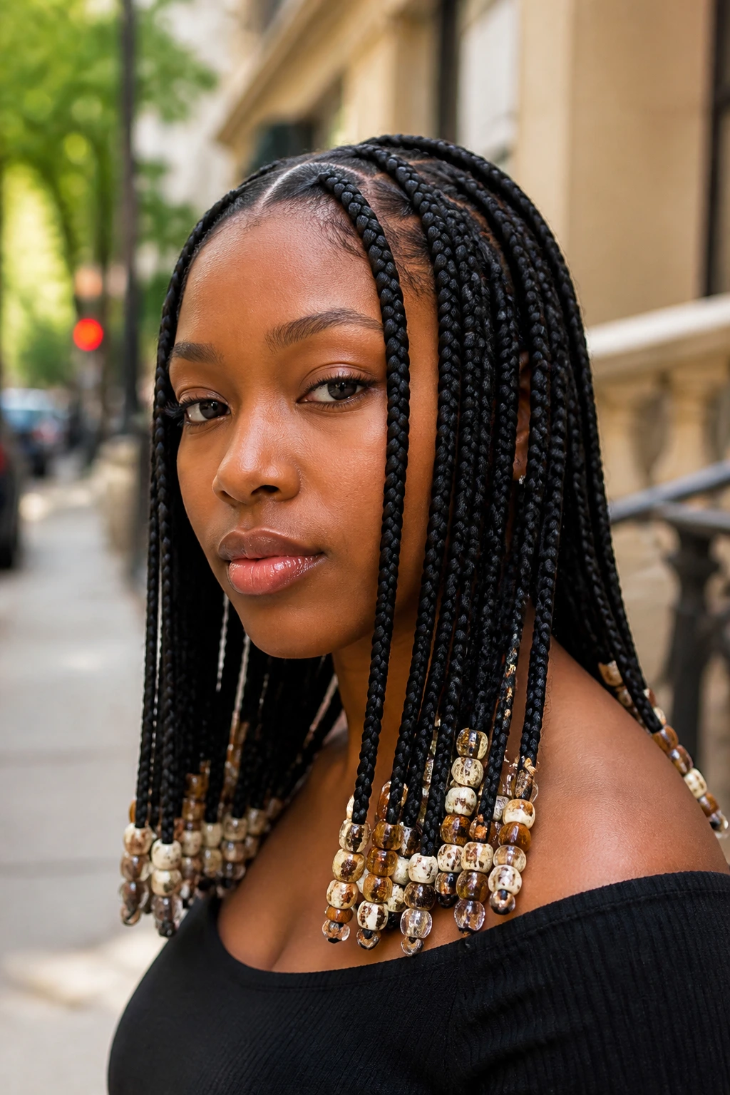 Real person with box braids ending in beads