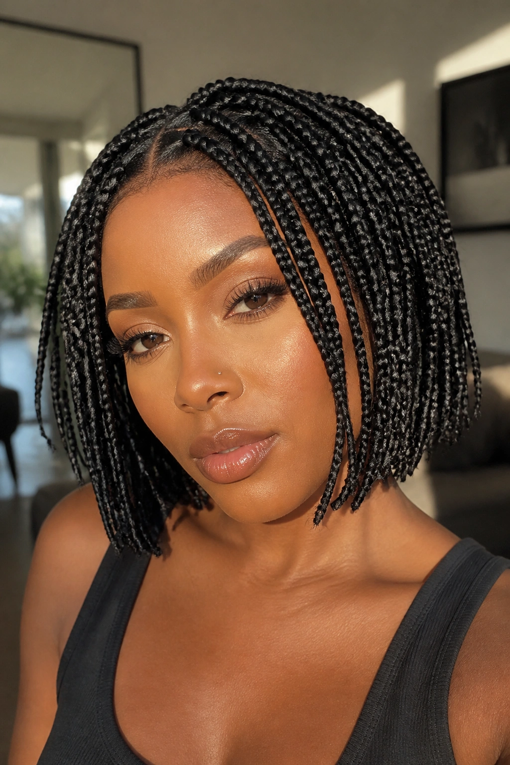 Close-up of a real woman with a chin-length box braid bob in warm window light