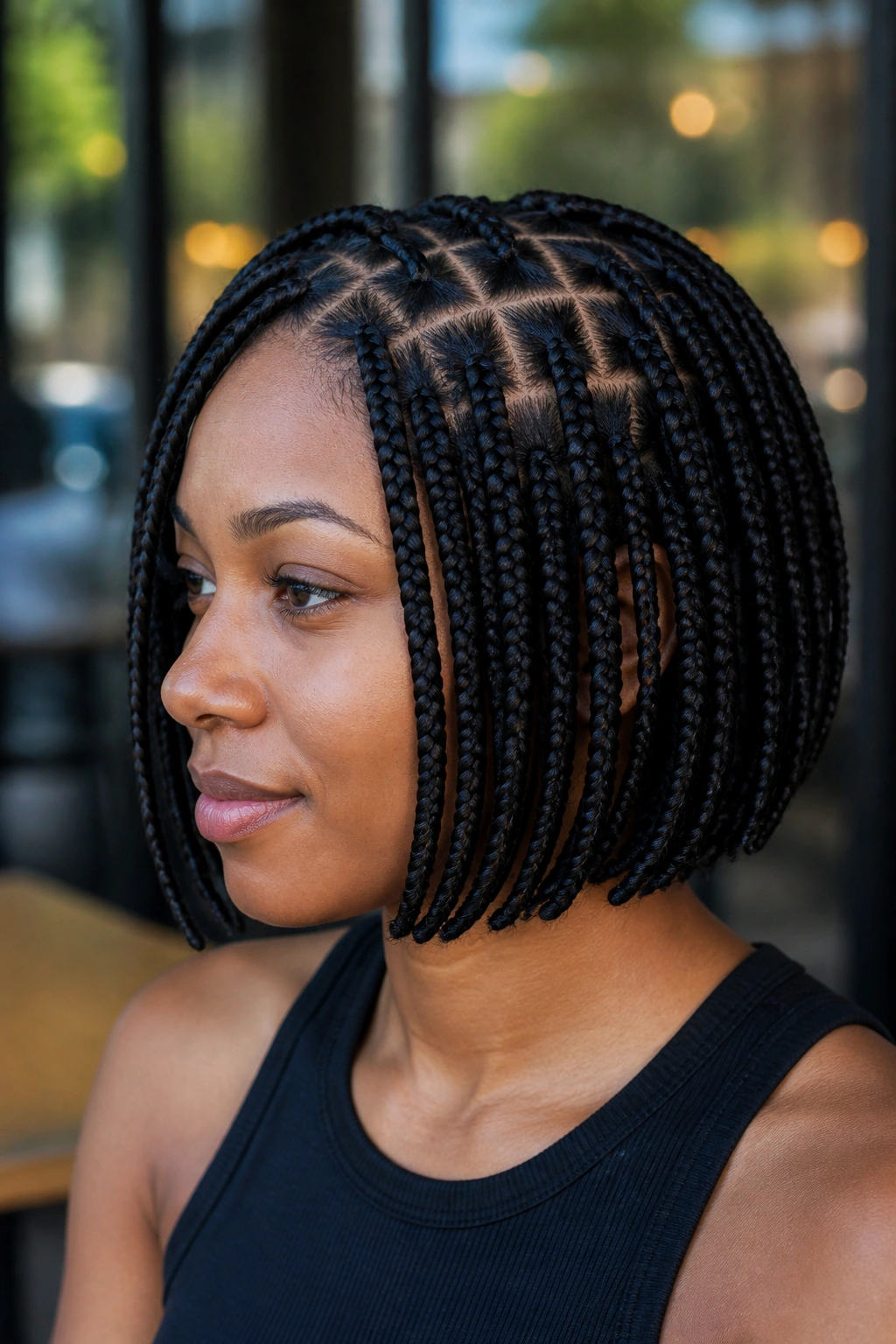 Close-up of a woman with short box braids forming a bob in a cafe setting.