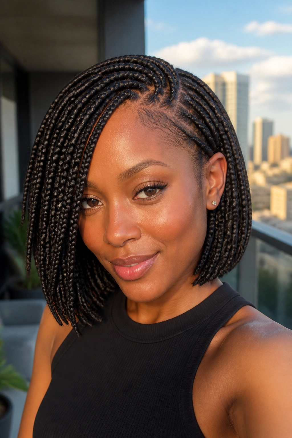 Real woman with a side-swept short box braids bob in outdoor balcony light