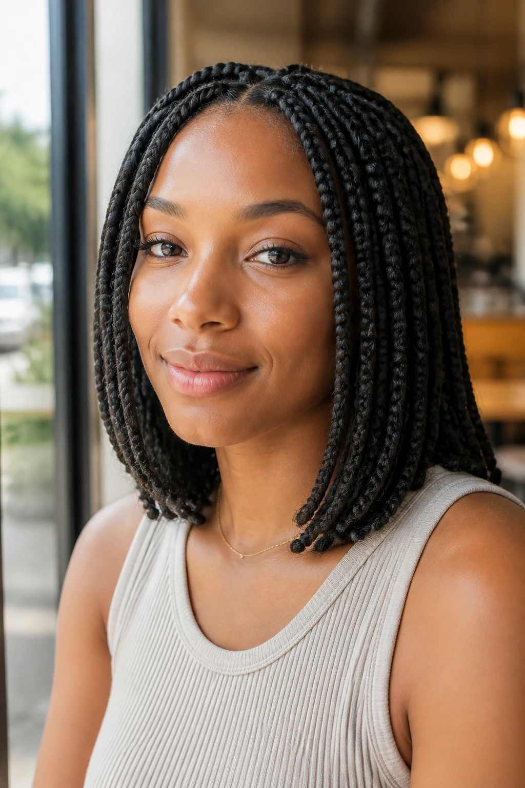Close-up of a real woman with bob-length box braids ending at the collarbone