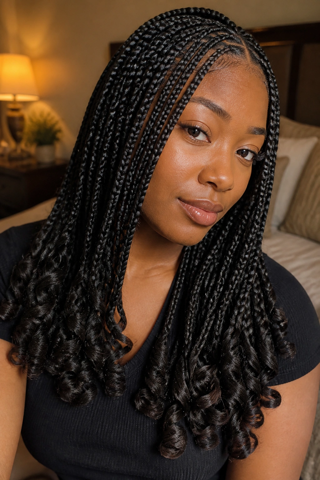 Real woman with curled-end box braids indoors.