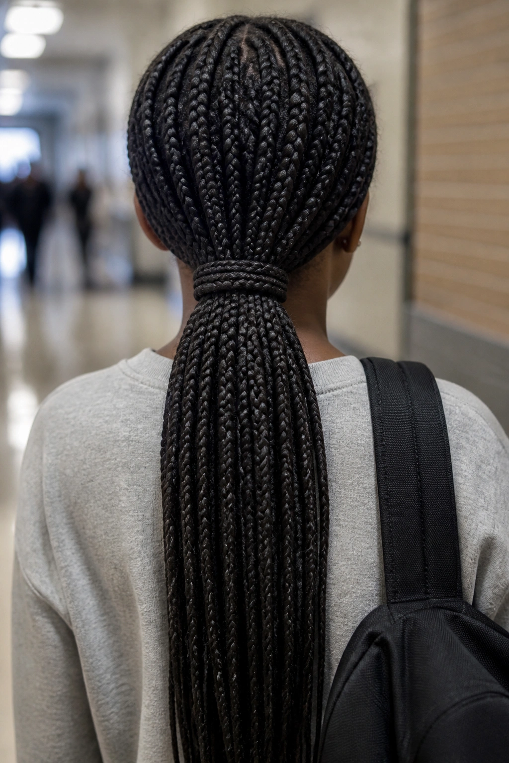 Back view of box braids pulled into a low ponytail.