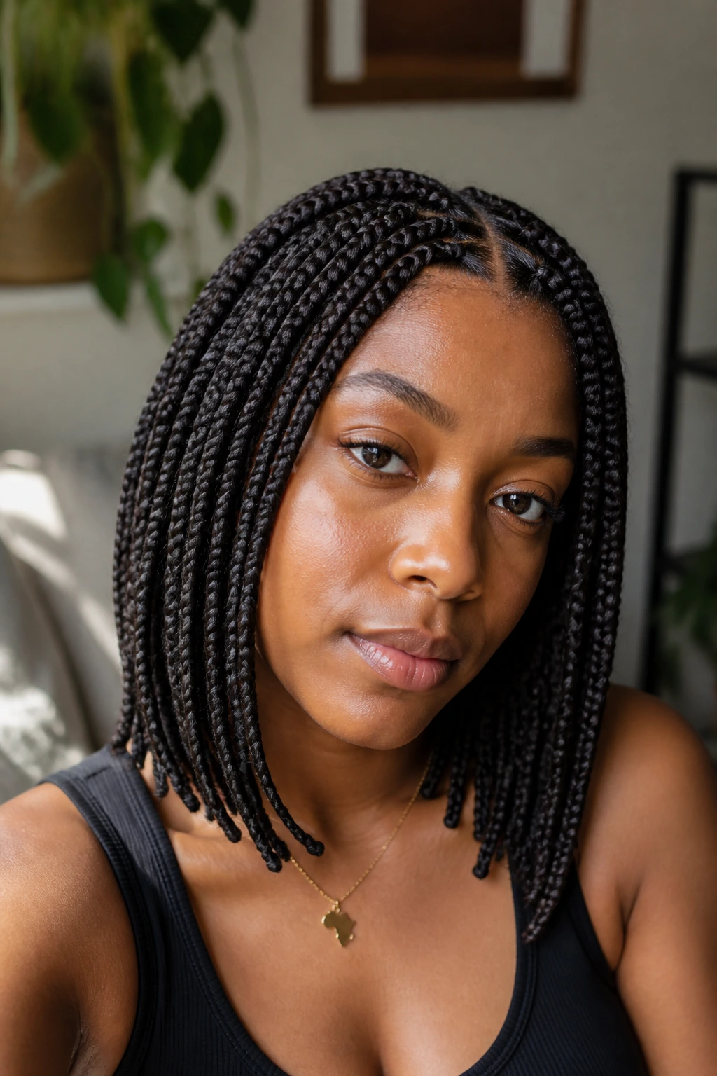 Close-up of a real woman with medium-length box braids framing her face in natural light