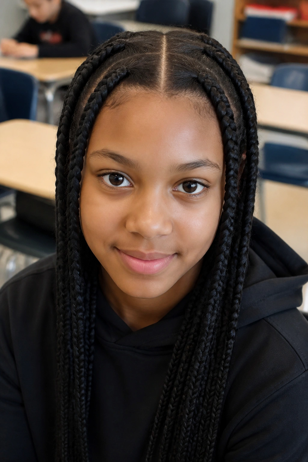 Real girl with box braids and a clean middle part