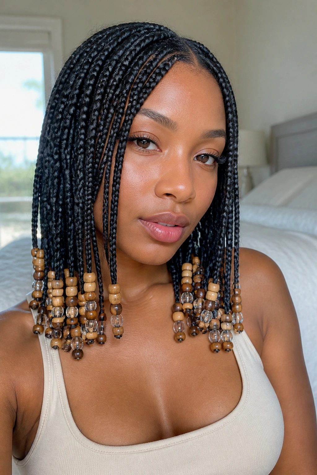 Close-up of medium box braids with mixed bead sizes