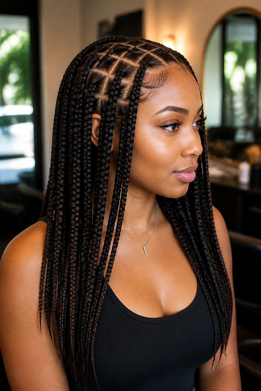 Close-up of a real woman wearing box braids that hold their shape in a salon