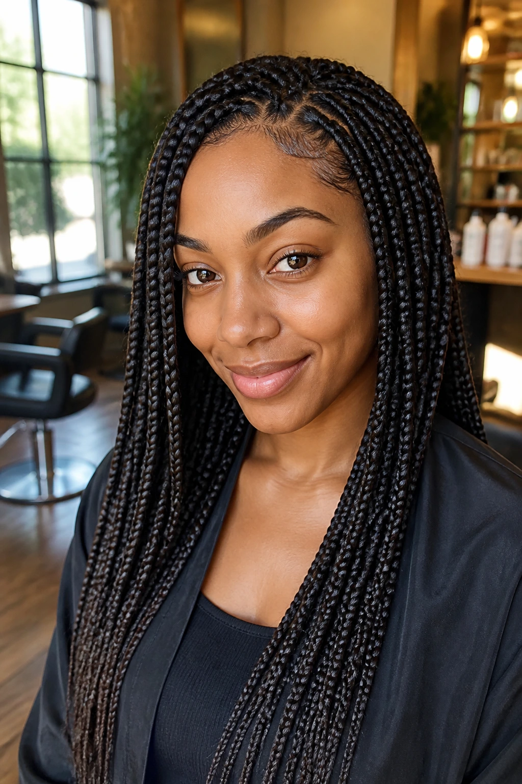 Close-up portrait of a real person with box braids in a salon setting