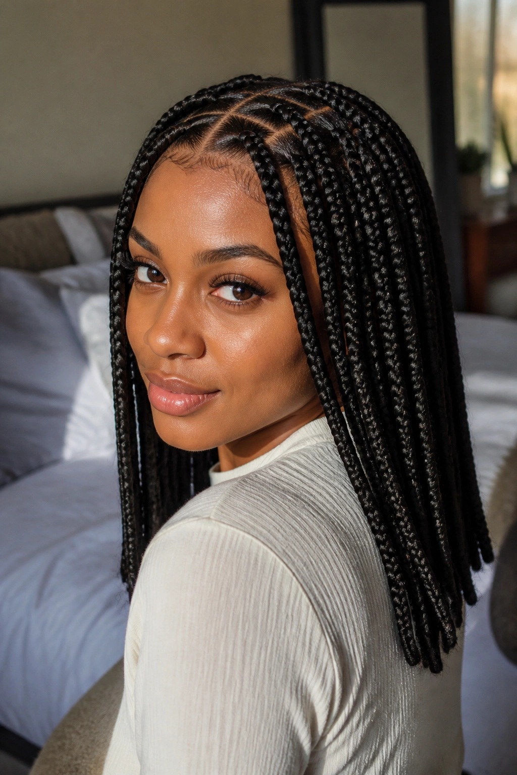Close-up portrait of a real woman with box braids under natural window light