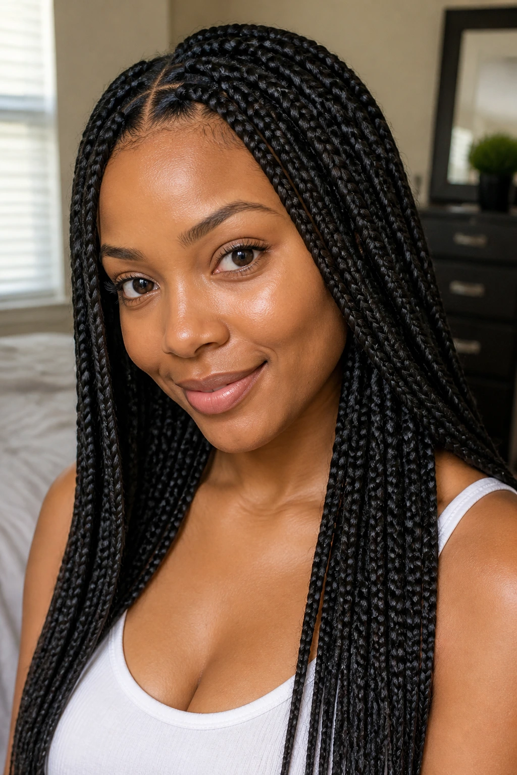 Close-up portrait of a real woman with neat box braids covering her head