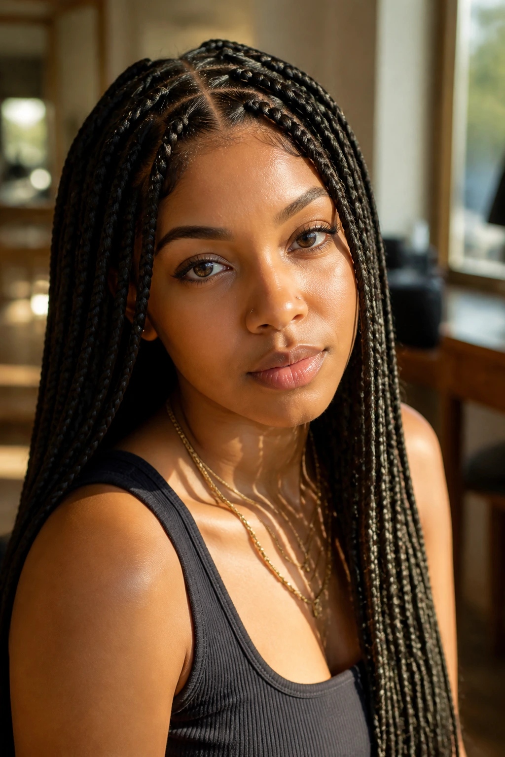 Close-up of a real woman with box braids in a sunlit salon