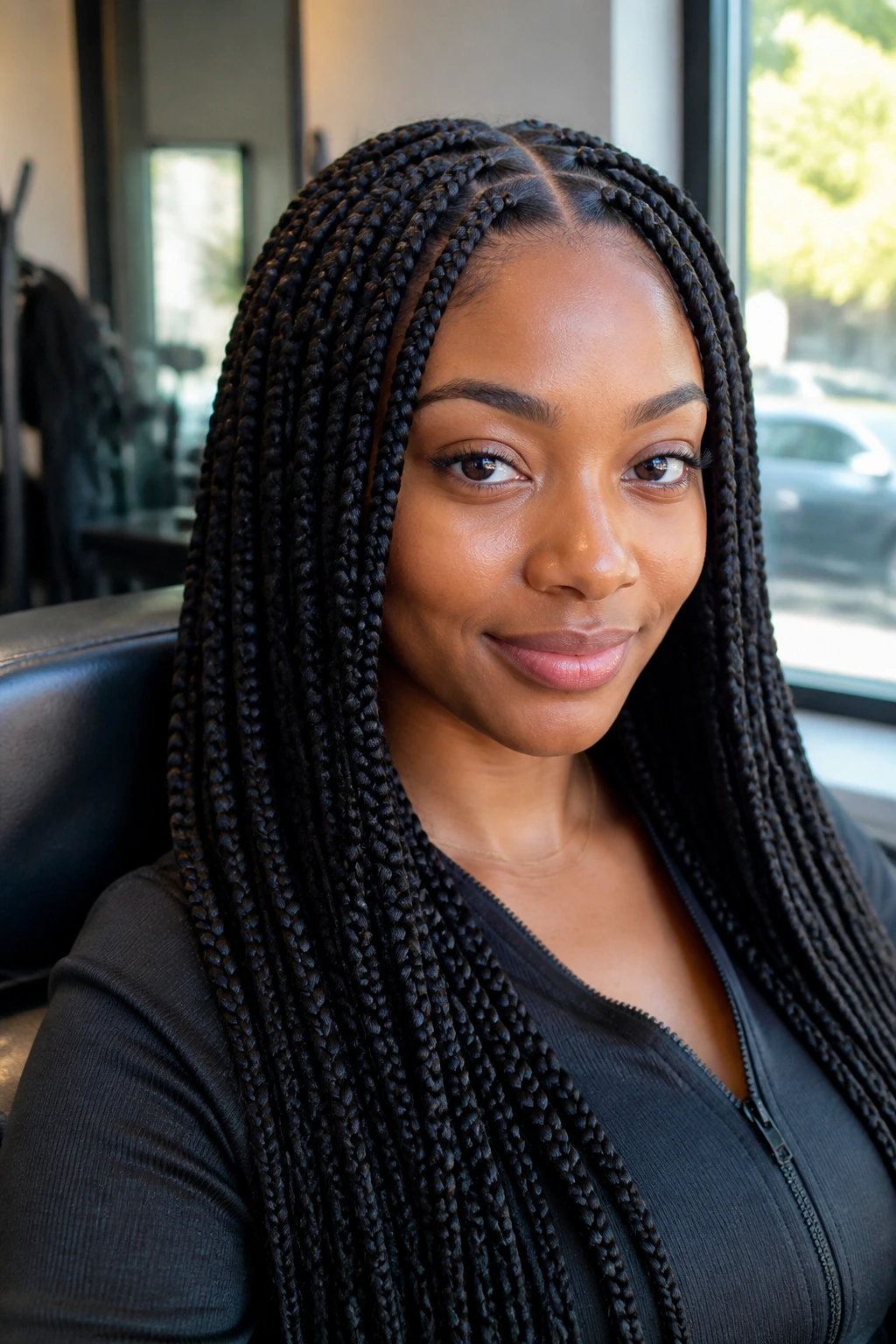 Close-up of a real woman with classic square-part box braids in a cozy salon