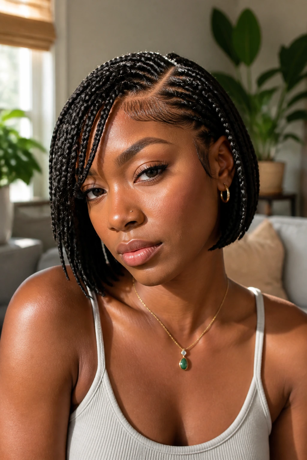 Close-up of a real woman with a deep side part and sculpted edges in short box braids