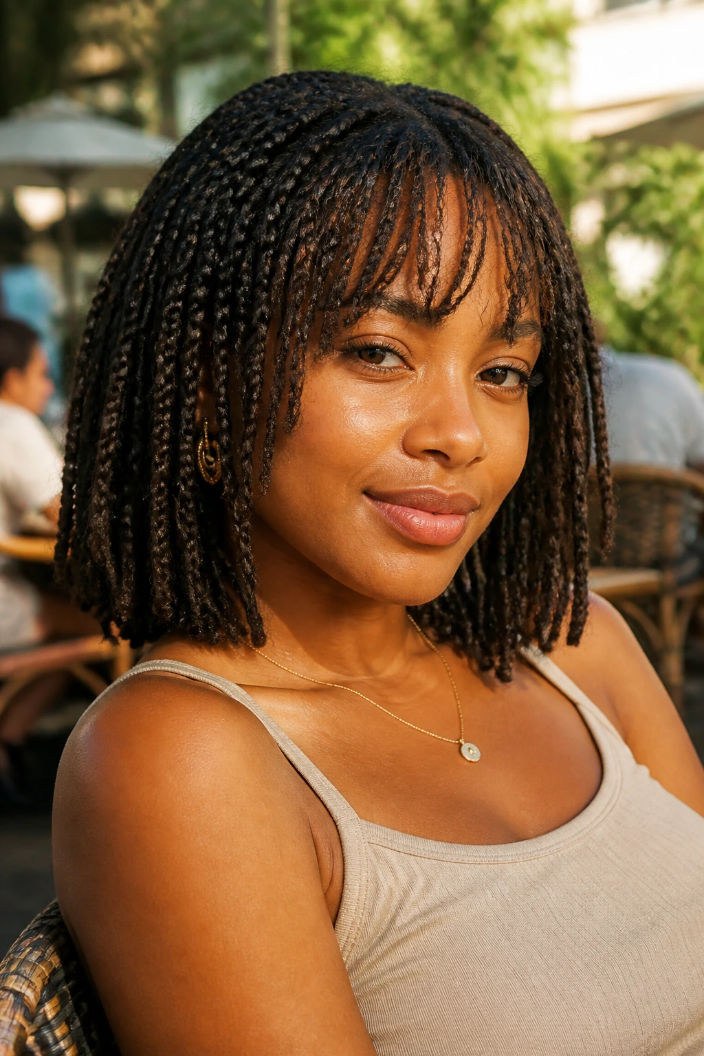 Close-up of real woman with shoulder-length box braids and airy bangs outdoors